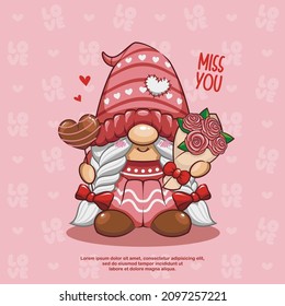 Happy Valentine Day With Cute Gnome And Flower, Cartoon Illustration