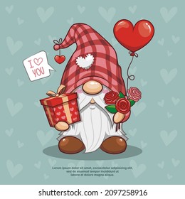 Alles Gute zum Valentinstag mit süßer Gnome, die Blume hält, Geschenkbox und Herzballon, ich liebe dich, Cartoon Illustration