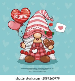 Fröhlicher Valentinstag mit süßem Gnome Holding Heart Ballon, ich liebe dich, Cartoon Illustration