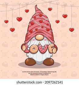 Happy Valentine Day With Cute Gnome, I love You, Cartoon Illustration