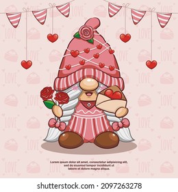 Happy Valentine Day With Cute Gnome, I Love You, Cartoon Illustration