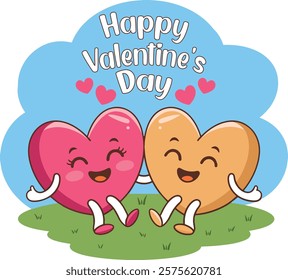 Happy valentine day cute smiling romantic heart couple sharing love fun vector art illustration for valentine day