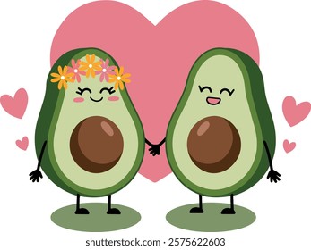 Happy valentine day cute smiling romantic avocado couple sharing love fun vector art illustration for valentine day