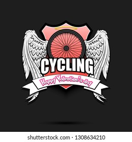 Happy Valentine day. Cycling logo template design. Bicycle wheel with wings and nimbus. Pattern for banner, poster, greeting card, party invitation. Vector illustration
