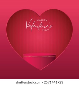 Happy valentine day dark red pink background with cylinder podium inside heart. Vector geometric platform. Abstract mockup product display. Minimal scene. Stage showcase