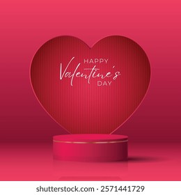 Happy valentine day dark red pink background with cylinder podium. Vector geometric platform. Abstract mockup product display. Minimal scene. Stage showcase