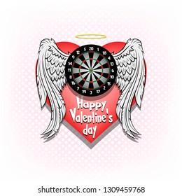 Happy Valentine day. Darts logo template design. Dartboard with wings and nimbus. Pattern for banner, poster, greeting card, party invitation. Vector illustration