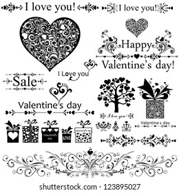 Happy valentine day decor. Collection of design elements vintage set isolated on White background. Vector illustration