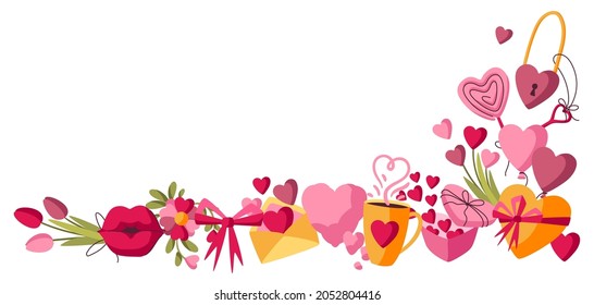 Happy Valentine Day decoration. Holiday background with romantic and love symbols.