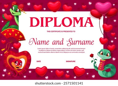 Happy Valentine day diploma with cheerful snakes and hearts, vector love certificate, Valentine day diploma or letter of appreciation with hearts and cute snakes and heart balloons for love holiday