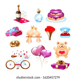 Happy Valentine day elements set. Valentine's Day cards with objects teddy bear, pigeons, bouquet flowers, diamond ring, wine, locks, balloons, bicycle, gift box cartoon vector