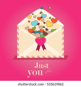 Happy Valentine Day Envelope with Paper Hearts. Vector Illustration love Mail Envelope, Letter paper romantic hearts inside. Valentine greeting romance card.