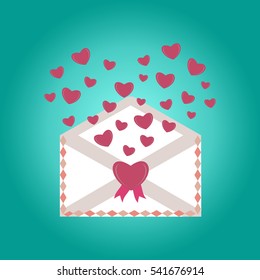 Happy Valentine Day Envelope with Paper Hearts. Vector Illustration love Mail Envelope, Letter paper romantic hearts inside. Can be used for Mothers and Womens Day Greetings. Love mail letter.
