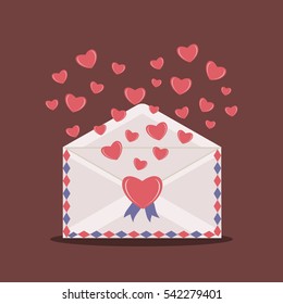 Happy Valentine Day Envelope with Paper Hearts. Vector Illustration love Mail Envelope, Letter paper romantic hearts inside. Can be used for Mothers and Womens Day Greetings. Love mail letter.