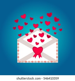 Happy Valentine Day Envelope with Paper Hearts. Vector Illustration love Mail Envelope, Letter paper romantic hearts inside. Can be used for Mothers and Womens Day Greetings. Love mail letter.