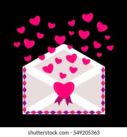Happy Valentine Day Envelope with Paper Hearts. Vector Illustration love Mail Envelope, Letter paper romantic hearts inside. Can be used for Mothers and Womens Day Greetings. Love mail letter.