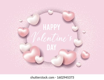 Happy valentine day festive sparkle layout template design. Glitter pink hearts on white background with frame, border. Lettering Valentine's day card vector Illustration. Be my valentine.