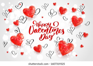 Happy valentine day festive sparkle layout template design. Pink hearts on pink and gold background with frame, border. Lettering Valentine's day card vector Illustration. Be my valentine.
