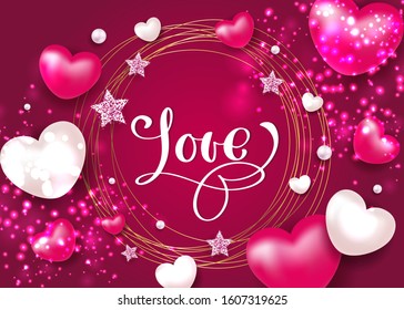 Happy valentine day festive sparkle layout template design. Pink hearts on pink and gold background with frame, border. Lettering Valentine's day card vector Illustration. Be my valentine.