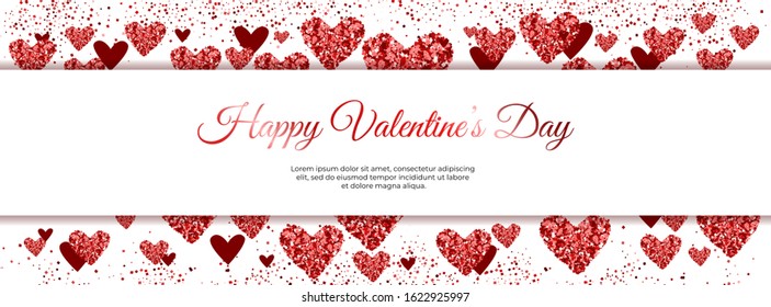 Happy Valentine Day festive sparkle layout. Glitter red hearts on white background. Lettering Valentine's day card. For cover social network, greeting cards, poster, invitation. Vector Illustration.