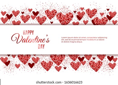 Happy Valentine Day festive sparkle layout. Glitter red hearts on white background. Lettering Valentine's day card. For invitations, social network, banner. Be my valentine. Vector Illustration.