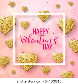 Happy valentine day festive sparkle layout template design. Glitter gold hearts on pink background with frame, border. Lettering Valentine's day card vector Illustration. Be my valentine.