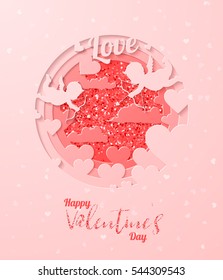 Happy valentine day festive sparkle layout template design with red glitter, angels, clouds, hearts. Layered cut out paper Valentine's postcard. Romantic design. Be my valentine.