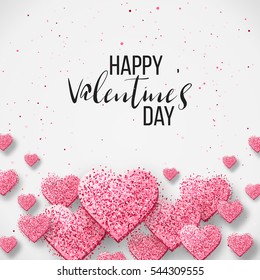 Happy valentine day festive sparkle layout template design. Glitter pink hearts on white background with frame, border. Lettering Valentine's day card vector Illustration. Be my valentine.