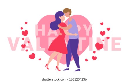 Happy Valentine day. Flat Illustration of couple, hugs, romantic, love and relationship.