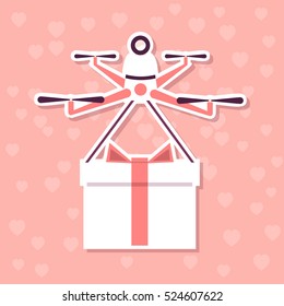 Happy Valentine Day! Flat vector illustration of air RC drone with gift. Sticker design. Quadcopter flying in the sky and holding box with bow. Isolated romantic background with hearts. 