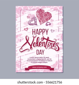 happy valentine day flyer template with hand drawn lettering. 14 February  banner set with decorative hearts 