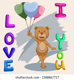 Happy valentine day font design in multiple colors vector illustration of a baby bear standing holding a balloon with graphic patterns in the background