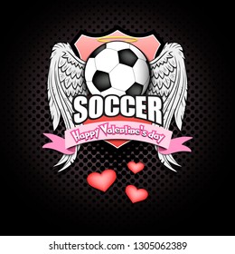 Happy Valentine day. Football logo template design. Soccer ball with wings and nimbus. Pattern for banner, poster, greeting card, party invitation. Vector illustration