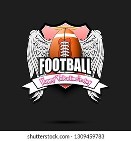 Happy Valentine day. Football logo template design. Football ball with wings and nimbus. Pattern for banner, poster, greeting card, party invitation. Vector illustration