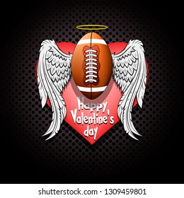 Happy Valentine day. Football logo template design. Football ball with wings and nimbus. Pattern for banner, poster, greeting card, party invitation. Vector illustration