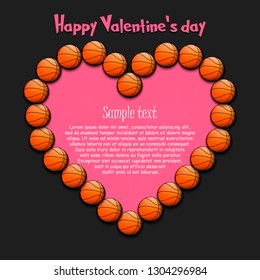 Happy Valentine Day. Frame of basketball balls laid out in the shape of the heart on isolated background. Design pattern for greeting card, banner, poster, flyer, invitation party. Vector illustration