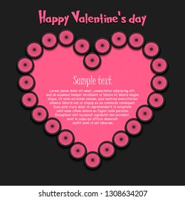 Happy Valentine Day. Frame of bicycle wheels laid out in the shape of the heart on isolated background. Design pattern for greeting card, banner, poster, flyer,  invitation party. Vector illustration