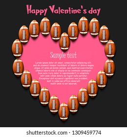 Happy Valentine Day. Frame of football balls laid out in the shape of the heart on isolated background. Design pattern for greeting card, banner, poster, flyer,  invitation party. Vector illustration