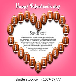 Happy Valentine Day. Frame of football balls laid out in the shape of the heart on isolated background. Design pattern for greeting card, banner, poster, flyer,  invitation party. Vector illustration