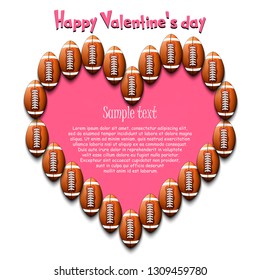 Happy Valentine Day. Frame of football balls laid out in the shape of the heart on isolated background. Design pattern for greeting card, banner, poster, flyer,  invitation party. Vector illustration