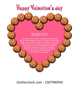 Happy Valentine Day. Frame of handball balls laid out in the shape of the heart on isolated background. Design pattern for greeting card, banner, poster, flyer,  invitation party. Vector illustration