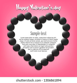 Happy Valentine Day. Frame of hockey pucks laid out in the shape of the heart on isolated background. Design pattern for greeting card, banner, poster, flyer,  invitation party. Vector illustration