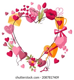 Happy Valentine Day frame. Holiday background with romantic and love symbols.