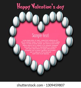 Happy Valentine Day. Frame of rugby balls laid out in the shape of the heart on isolated background. Design pattern for greeting card, banner, poster, flyer,  invitation party. Vector illustration
