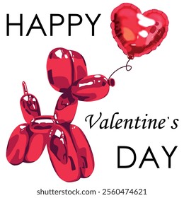 Happy valentine day. Freehand  with creative love composition of the red hearts. Vector illustration. Hand drawn balloons of a heart and a dog. Banner, card