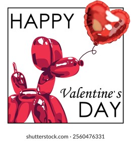 Happy valentine day. Freehand  with creative love composition of the red hearts. Vector abstract  illustration. Hand drawn balloons of a heart and a dog. Banner, card, vector