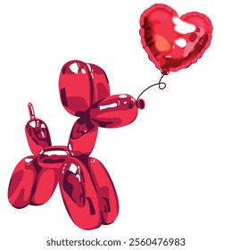 Happy valentine day. Freehand  with creative love composition of the red hearts. Vector abstract illustration. Hand drawn balloons of a heart and a dog. Banner, card. Birthday 