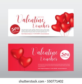 Happy Valentine Day, Gift Voucher Coupon Banner Card Promotion Template. Heart Red Balloon. Elegant Vector Illustration.