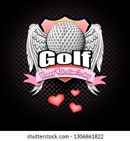 Happy Valentine day. Golf logo template design. Golf ball with wings and nimbus. Pattern for banner, poster, greeting card, party invitation. Vector illustration