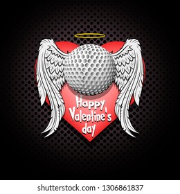 Happy Valentine day. Golf logo template design. Golf ball with wings and nimbus. Pattern for banner, poster, greeting card, party invitation. Vector illustration